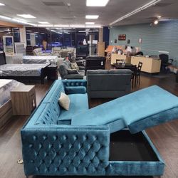 TEAL VELVET SECTIONAL SOFA SET