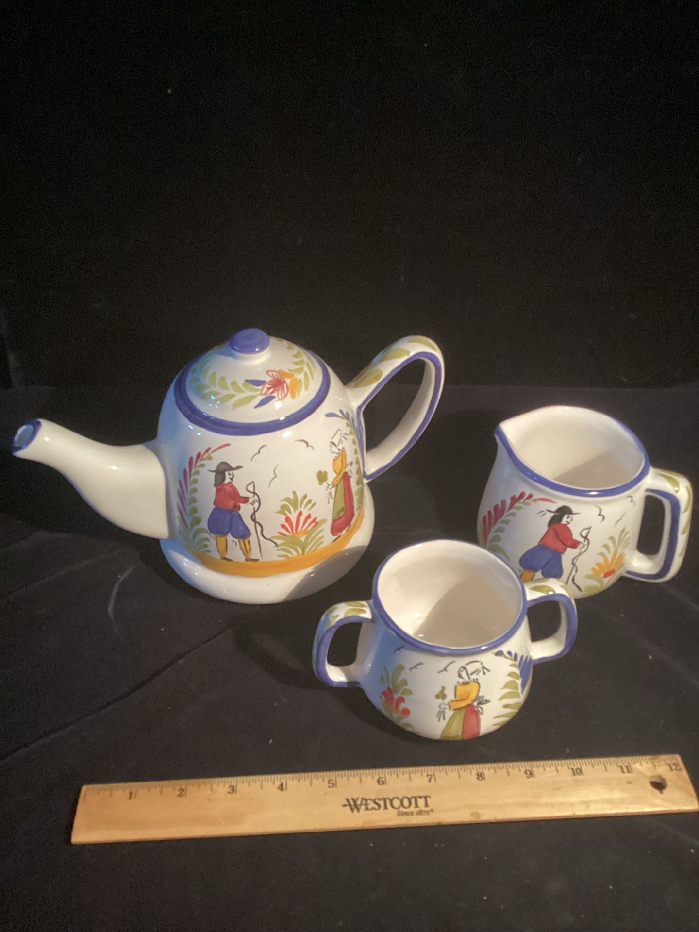 Hand Painted In Portugal Tea Pot With Creamer & Sugar Bowl
