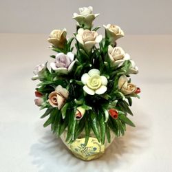 Vintage Capodimonte Italian Porcelain Floral Bouquet Roses Basket Signed