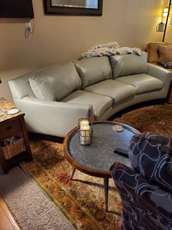 Beautiful, Curved,Leather Couch, Light Gray.