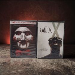 (Lot Of 2) Saw: 8-Film Collection (DVD, 2020) Jigsaw & Saw X Horror New Sealed. This image features collectible DVD releases of the Saw horror franchi