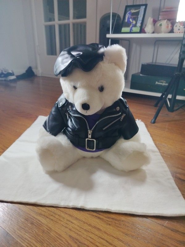 Plush Hard Rock Teddy Bear with Faux Leather Jacket & Hat Like New