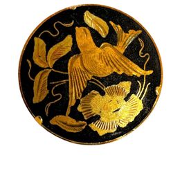 VINTAGE  DAMASCENE   BIRD FLOWERS  GOLD ON BLACK SMALL ROUND BROOCH PIN