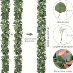 10 Pcs / Lush 70.8" Faux Eucalyptus Garland With White Flowers - Perfect For Home & Holiday Decor, Wall Hanging, Yard, And Party Accents