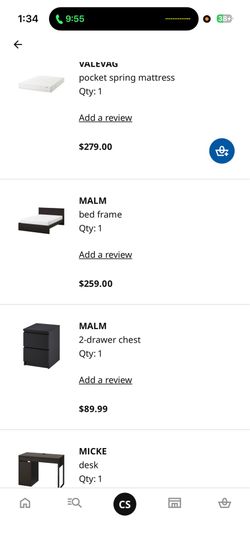 IKEA bed frame, mattress, desk and side table