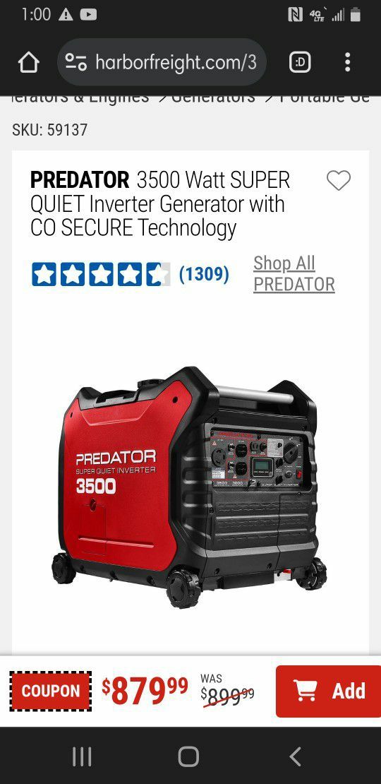 PREDATOR 3500 Watt SUPER QUIET Inverter Generator with CO SECURE Technology