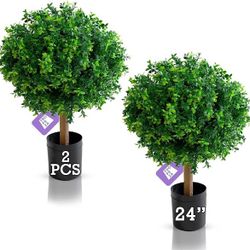 Artificial Plants - Set of 2 Topiary Trees – 24” High Pre-Potted Boxwood Trees - Artificial Plants for Front Porch Home Office Décor - Topiary Ball fo