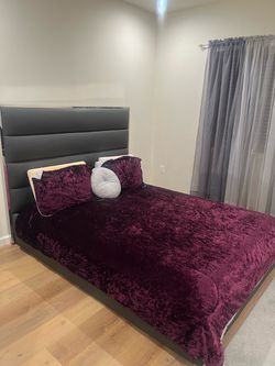 Queen Size Dark Gray Upholstered Bed Frame with Headboard