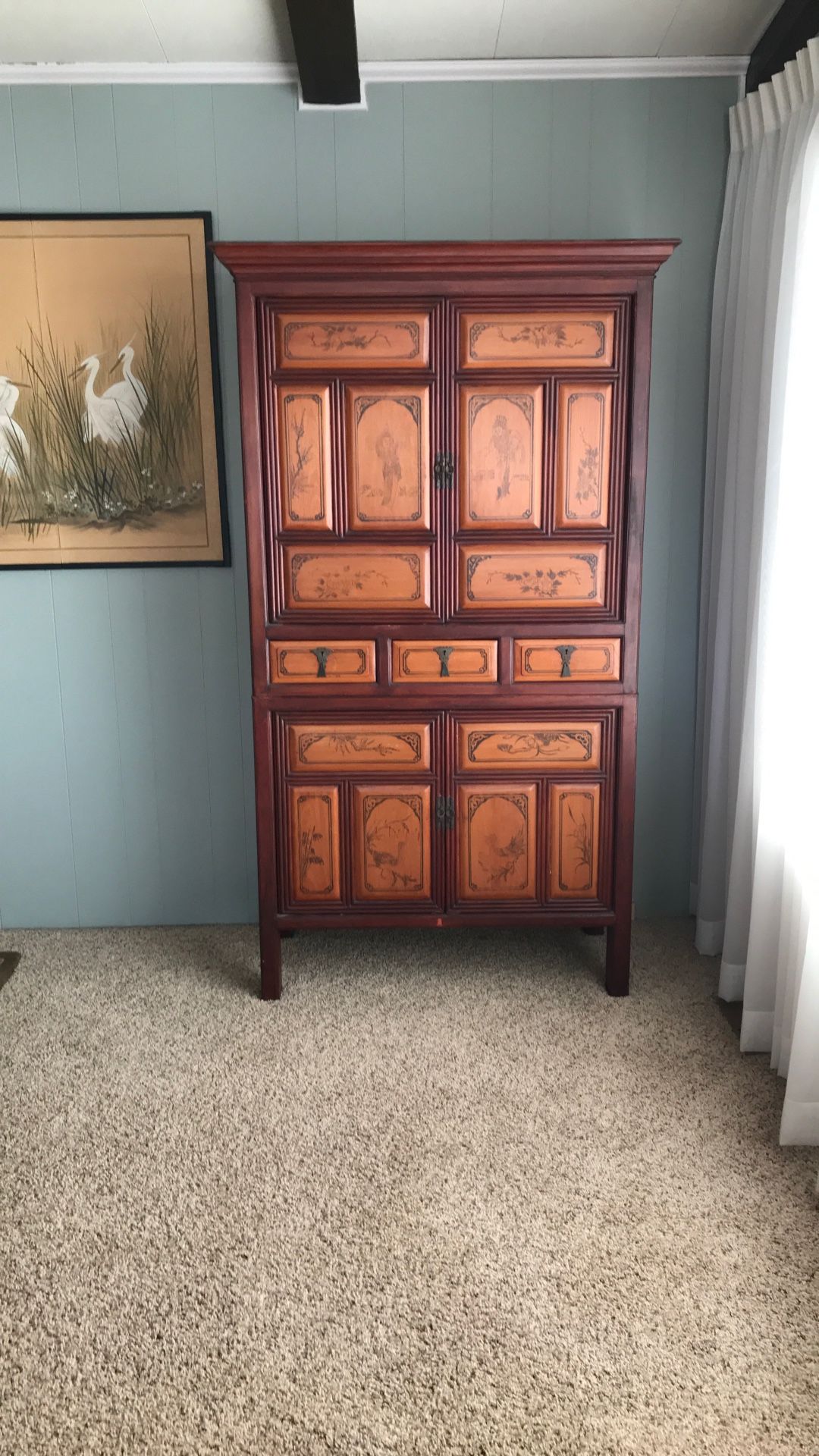 Antique Chinese Curio Cabinet. Stacked Two Piece. 72” Tall 37” Wide