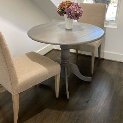 Gray Wood Accent Table With Crate And Barrel Chairs 