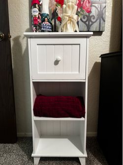 White Freestanding Bathroom Storage Cabinet - Slim Linen Tower with Drawer & Shelves MUST GO!!