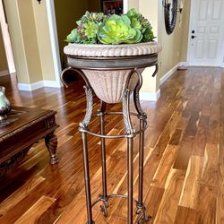 Vintage Antique Style Metal Plant Stand - Fake Succulents Included 