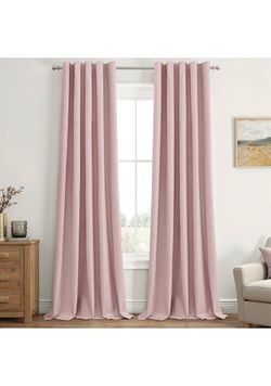 EMEMA Baby Pink Linen Blackout Curtains 90 inch Long 2 Panels Set, Pinch Pleated Hooks