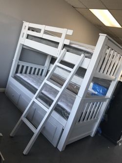 Twin Twin Twin: Solid Wood (Heavy Duty) Twin Twin Bunkbed Frame & Comfort Mattresses + Twin Trundle & Mattress (11 colors available)