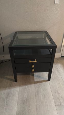 Black Nightstand with Glass Top and Drawers