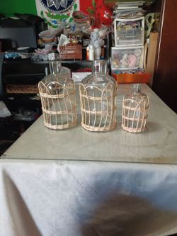 Set of 3 Bamboo Wicker Wrapped Jugs