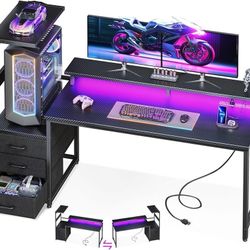 59 Inch Gaming Desk with USB Charging Ports & LED Light- Reversible Computer Desk with Storage Shelves & Monitor Stand, Modern Gamer Desk Table with F