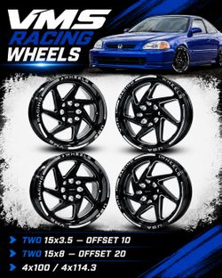 VMS Typhoon Black Milling Drag Pack 15X8 & 15x3.5 Racing Wheels 4X100 / 4X114.3  FEATURES: CAST ALUMINUM CONSTRUCTION ANODIZED FINISH x4 WHEELS W/ CEN