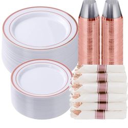 )
Goodluck 350 Piece Rose Gold Plastic Dinnerware Set for 50 Guests, Fancy Disposable Plates for Party, Include: 50 Dinner Plates, 50 Dessert Plates, 