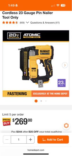 DeWalt 20V Atomic 23 Gauge Cordless Pin Nailer