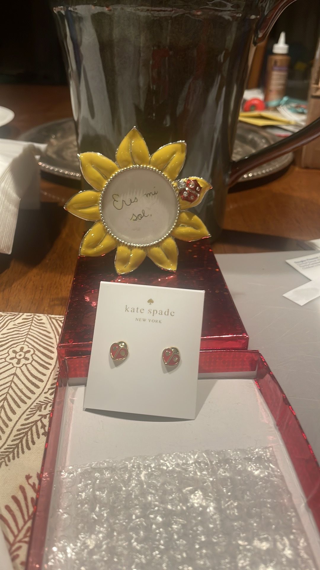 Lady Bug Gift Set: Kate Spade earrings and Sunflower mini photo frame.