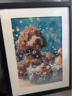 Diamond Painting Framed in wood Poodle / Doodle Puppy in Bubble Bath with Rubber Duck, Sparkling Handmade Wall Art Decor.
