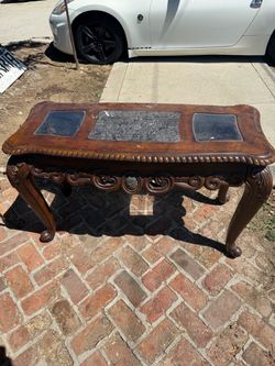 Ornate Wood Console Table with Stone Inlay