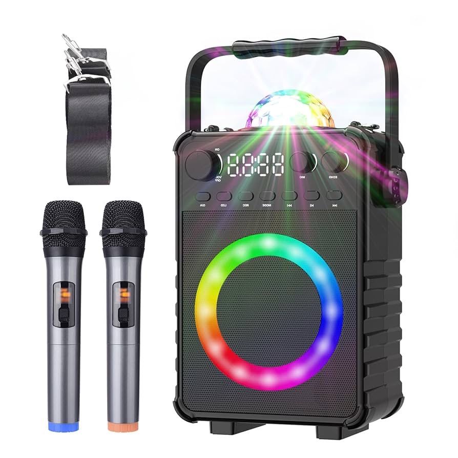 Karaoke Machine, Portable Bluetooth Karaoke Speaker with 2 Wireless Mics for Adults Kids Singing Machine with Disco LED Lights Gifts for Girls Boys Ho