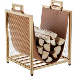 MyGifta Modern Gold Tone Metal Firewood Stand with Brown Leatherette Wood Holder Sling