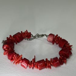 Red Coral Beaded Bracelet 8”  Silver Tone Lobster Clasp