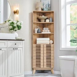 OKD 68" Tall Corner Cabinet, Mid-Century Storage Organizer with 3 Adjustable Shelves, Slatted Hinged Door, Curved Edges, Stable Support Legs for Bathr