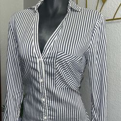 Zara Basics Black And White Striped Button Up Blouse Shirt 