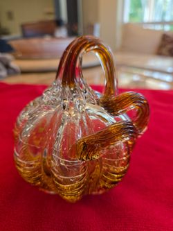 Hand Blown Amber Crackle Art Glass Pumpkin Paperweight Curly Stem Fall Decor