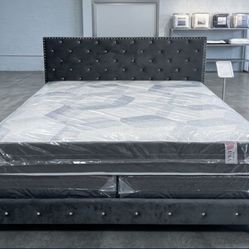 KING SIZE BEDFRAME DIAMOND HEADBOARD VELVET UPHOLSTERY KING BED WITH MATTRESS AND BOXSPRING SET 3PCS FREE DELIVERY