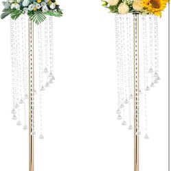 2 Pcs 35.4inch Crystal Flower Stand Wedding Centerpieces for Tables Metal Tall Tabletop Gold Metal Flower Arrangement Holder Bead Crystal Golden Vase 