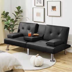 Yaheetech Convertible Sofa Bed Adjustable Couch Sleeper Modern Faux Leather Recliner Reversible Loveseat Folding Daybed Guest Bed, Removable Armrests,