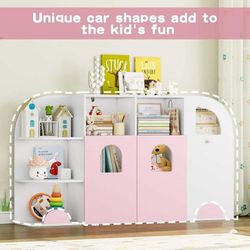Childrens Toy Storage Organizer, 53.7 Inch Truck-Themed Bookshelf 12 Cubbies 2 Doors, for Playroom School Classroom, Pink White