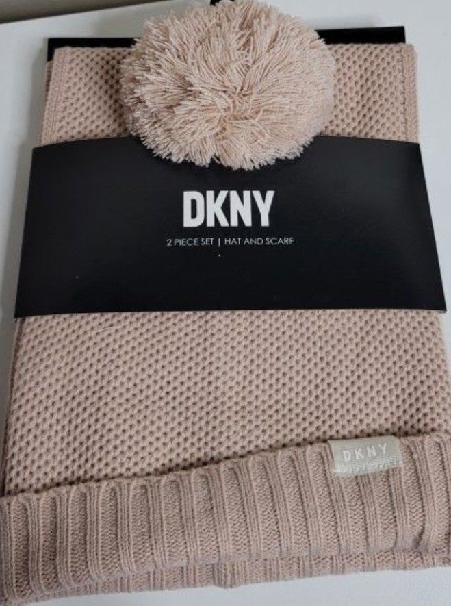 Pink DKNY Women's 2 Piece Set Knit Pom Pom Beanie Hat & Scarf
