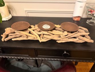 Driftwood Candle Holder Centerpiece w 3 Metal Plates Beach Ocean Coastal Wooden Rust Metal