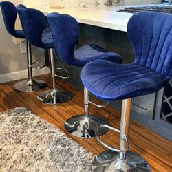 Navy Blue Velvet Bar Stools (Set of 4) – Adjustable Swivel Counter Stools w/ Chrome Base