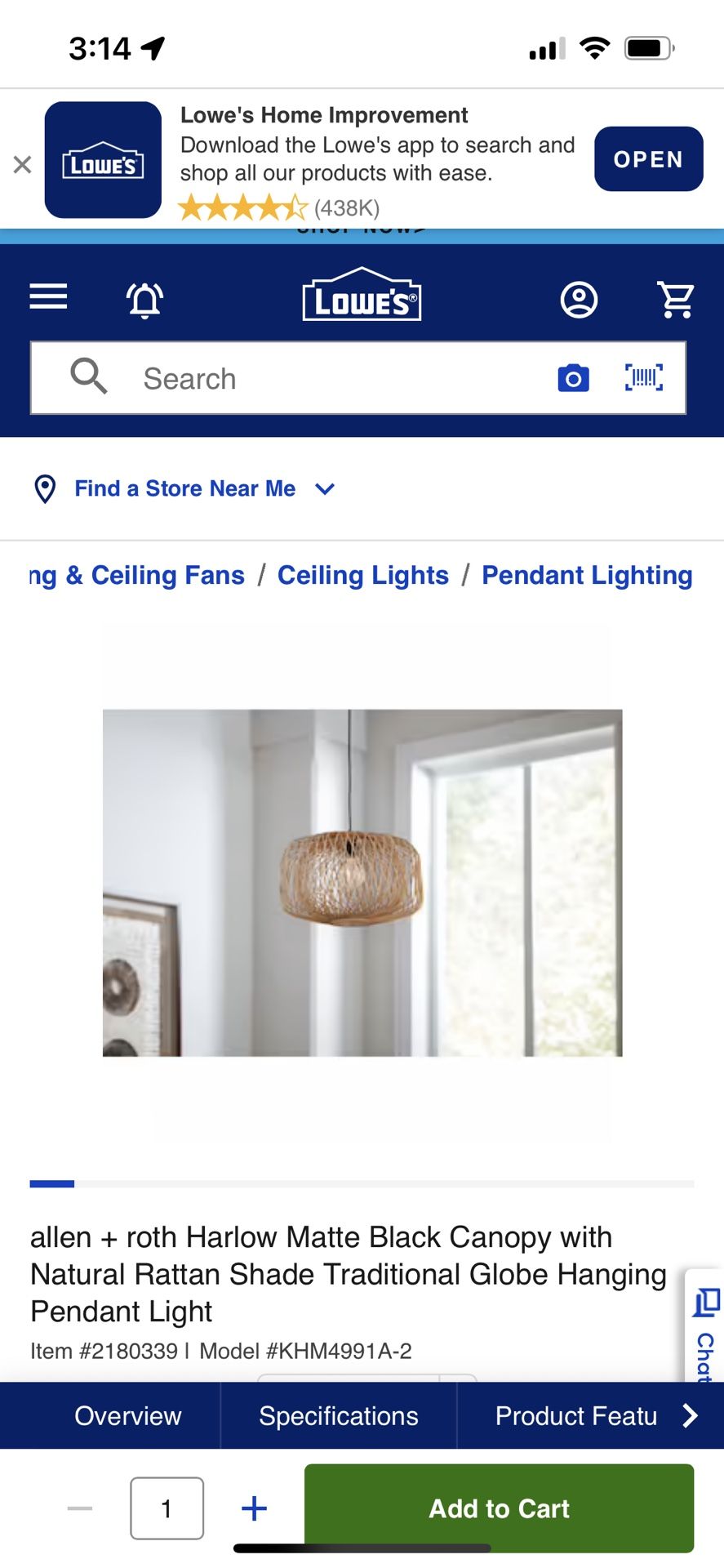 allen + roth Canopy with Natural Rattan Shade Traditional Globe Hanging Pendant Light