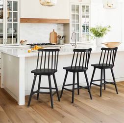 Set Of 3 24 in. Black Swivel Counter Height Bar Stools Solid Wood Bar Chairs