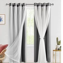 Hiasan Grey Blackout Curtains with Sheer Overlay, Grommet Thermal Insulated Privacy Mix & Match Double Layer Room Darkneing Curtains for Bedroom, Livi