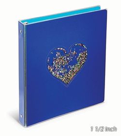 FLOATING GLITTER BINDER, 1 1/2 IN. RINGS, BLUE HEART.