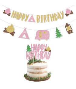 Set of glittery pink and gold Camping-themed birthday party decorations
