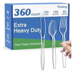 360 Count Extra Heavy Duty Clear Plastic Silverware, 150 Forks, 150 Spoons, 60 Knives, BPA-Free, Heat Resistant, Disposable Plastic Utensils Set, Plas