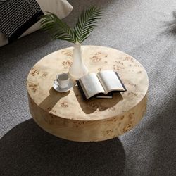 31 Inch Mid Century Modern Round Wood Coffee Table With Burl Wood Veneer And Sturdy Pedestal For Living Room Office Apartment