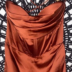 Satin Corset Maxi Dress W/ Slit (Rust Orange)