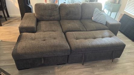 Used fabric couch dark gray Pick up only 77306 Selling house need gone now