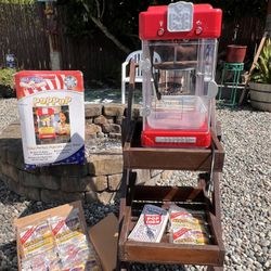Great Northern Popcorn Machine w/vintage wooden rolling cart & 18 pre-measured popcorn/oil pkgs